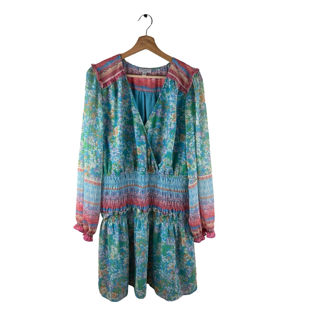 Anthro Current Air Mini Dress L Blue Floral Ruffle Smocked Fairy Tale Boho Chic - Picture 3 of 8